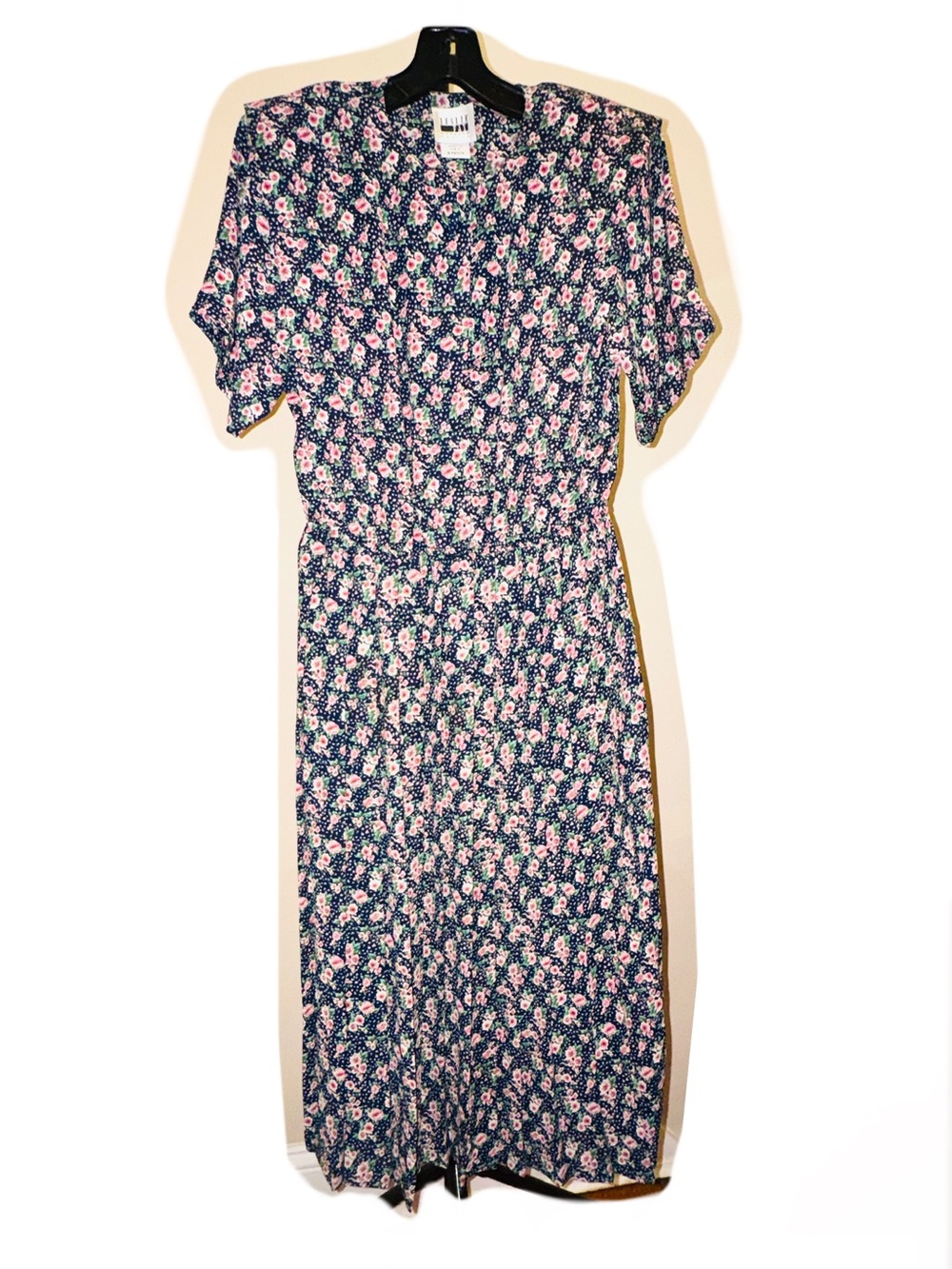 Leslie Fay Vintage Floral Navy Pink Midi Dress with Shoulder Pads